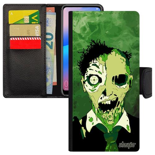 Coque Xiaomi Redmi Note 8 Rabat Porte Cartes Zombie Horreur Flip Case Vert Gore Homme Brouillard Mort Vivant Fumee Etui 4g Antichoc