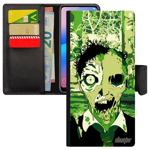 Coque Xiaomi Redmi Note 7 Portefeuille Porte Cartes Zombie Ville Fin Du Monde Squelette Effrayant Antichoc Vert Ruine Halloween Etui