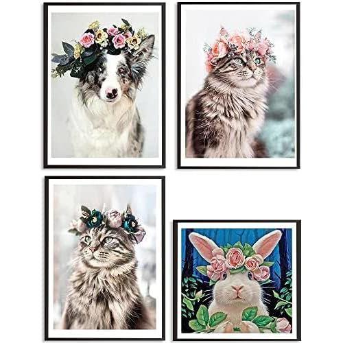 30x40/30cm 4 Pièces Kit Peinture Diamant Chat, Adultes Diamond Painting 5d Lapin,Puzzle Diamant Chien Décoration Murale/Cadeau Anniversaire Fête Pour Enfants-Animaux Avec Couronne De Fleurs