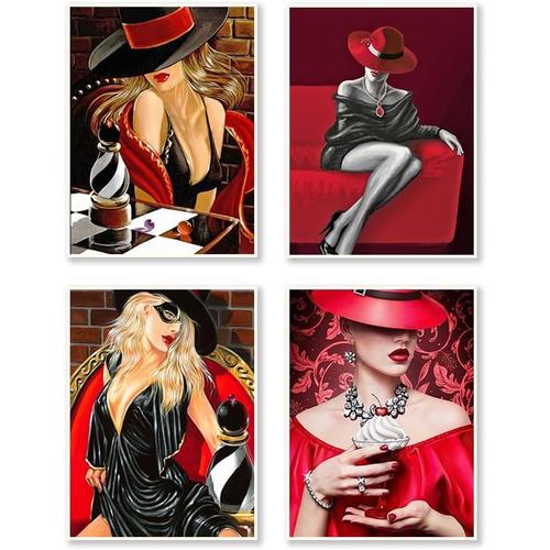 30x40cm Diy 5d 4 Lot Diamond Painting Rond,Femme Moderne De Broderie Diamant Peinture Kits Complet Adultes, Tableau Strass Diamant Décoration Chambre Femme Craft Arts || Femme Rouge Et Noire