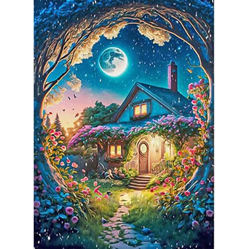 40x50cm 5d Diy Carré Peinture Diamant Kit Complet Paysage Féérique, Point De Croix Diamant Cabane Avec Fleurs,Puzzle Diamant Trou D'arbre Loisirs Creatifs Adultes Strass Diamant Art