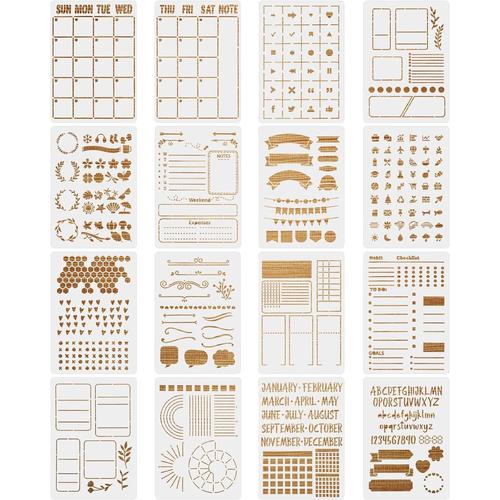 16 Pièces Journal Pochoir Stencil Set, Lettre Dessin Peinture Pochoirs, Planificateur Réutilisable Journal À Balles Accessoire Pour Diy Scrapbooking Calendrier Murale Décor (21x14.8cm)