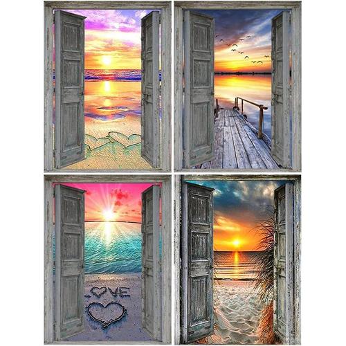 30x40cm 4 Pack Diy Broderie Diamant 5d Mer,Diamond Painting Paysage Coucher Du Soleil Devant La Porte Cristal Peinture Par Numéro,Chambre Bain Mur Autocollant Décor Loisirs Créatifs