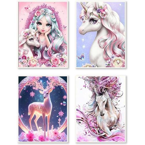 30x40CM 4 Lot Diamond Painting Princesse, Canevas Diamant Cerf Puzzle Diamant Adultes Cheval DIY,Cristal Art kit Complet Enfants Décor Mur d'intérieur Avec Outils|| Animaux Fantastique