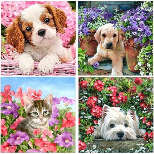 30x30cm 5d Diamond Painting Kits Complet, 4 Pcs Broderie Diamant Peinture Animaux Anime,Jeu Educatif Occasionnel Cadeau Original Décor Mur À La Maison Sur Chat Chien Mignon Dans Les Fleurs