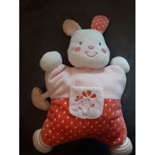 Doudou Pommette Lapin Plat Semi Plat Coeur Rose Rayé Et Pois
