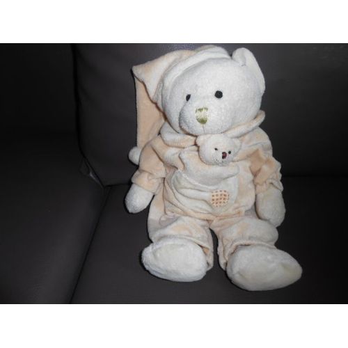 Doudou Ours Beige Et Ecru Ou Jaune Clair Avec Son Bébé Dans Sa Poche Peluche Mgm Dodo D'amour Grelot 35cm Sans Le Bonnet