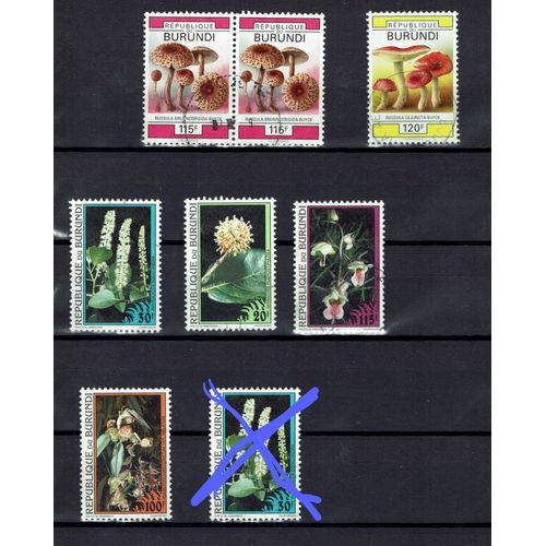 7 Timbres Du Burundi Des Années 90 Oblitérés : Champignons Et Fleurs