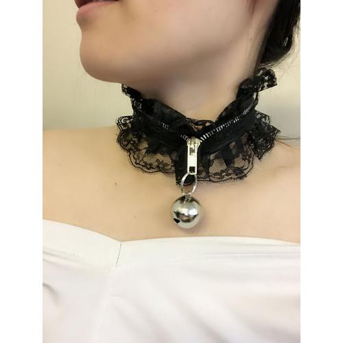 Expédié De Paris - Collier Clochette Grelot Rétro Choker Tour Ras De Cou Zip Dentelle Lolita Gothique Punk Rock Médiéval Déguisement