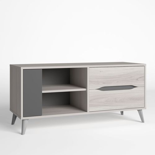 Meuble Tv Salle À Manger Orly Couleur Chêne Clair Et Gris, 1 Porte Et 2 Tiroirs