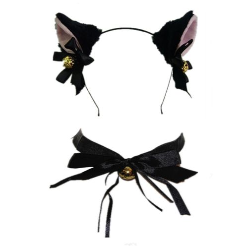 Expédié De Paris - Lot De Serre Tête Oreille De Chat + Collier Choker Ruban Chaîne Ras De Du Cou Grelot Pince Barrette Cheveux Clochettes Kawaii Déguisement Nekomimi