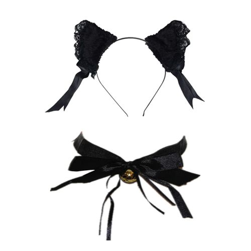 Expédié De Paris - Lot De Serre Tête Dentelle Oreille De Chat + Collier Choker Ruban Chaîne Ras De Du Cou Grelot Pince Barrette Cheveux Clochettes Kawaii Déguisement Nekomimi