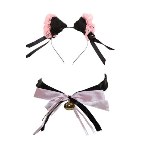 Expédié De Paris - Lot De Serre Tête Dentelle Oreille De Chat + Collier Choker Ruban Chaîne Ras De Du Cou Grelot Pince Barrette Cheveux Clochettes Kawaii Déguisement Nekomimi