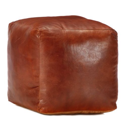 Pouf 40 X 40 X 40 Cm Brun Roux Cuir Véritable De Chèvre