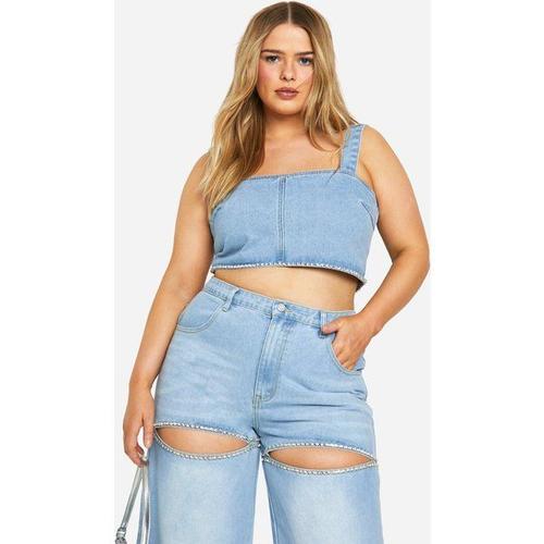 Plus Diamante Trim Denim Top - Bleu Clair - 20