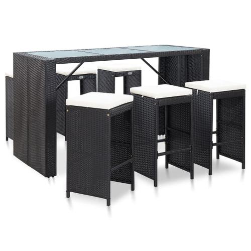 Meuble De Bar De Jardin 7 Pcs Et Coussins Résine Tressée Noir