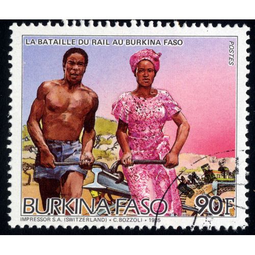 Timbre La Bataille Du Rail Au Burkina Faso.Postes.90f.Burkina Faso.1985.