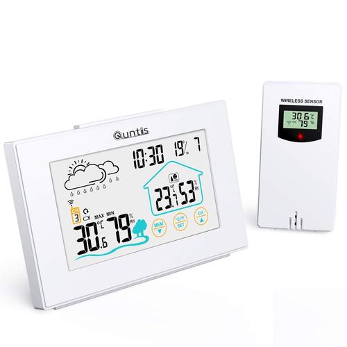 Station Météo,5¿LED Capteur Large Thermomètre Hygromètre Numériques,Alarme Horloge Météo,Thermomètre Hygromètre sans Fil Intérieur Extérieur avec Fonction Snooze Affichage Heure Date Jour-Blanc