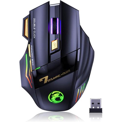 Souris de Jeu sans Fil, C8 Rechargeable Silent Click avec récepteur USB 2,4 G, jusqu'à 4800 DPI réglable, Double clic pour PC/Mac Gamer, Ordinateur Portable et Bureau