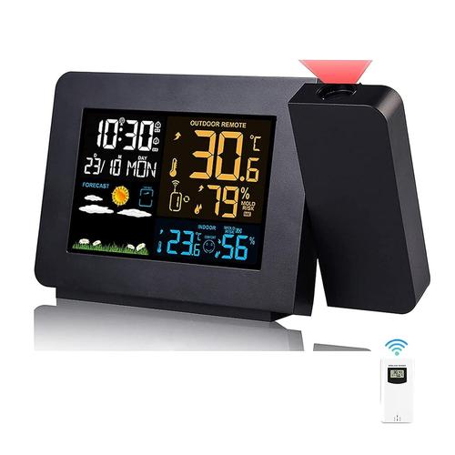 Station Météo Thermomètre Hygromètre sans Fil avec capteur, Horloge météo à Projection, thermomètre intérieur/extérieur avec Contrôle de Radio RCC, Réveil Doubles