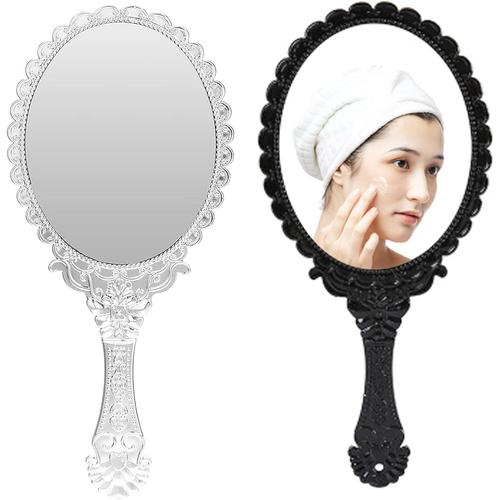 Caili Miroir À Main,Ovale Cosmétique Miroir,Miroir De Maquillage Vintage Rose,Outil De Maquillage Pour Miroir De Courtoisie Professionnel De Style Portatif (2 Pièces, Argent, Noir) 