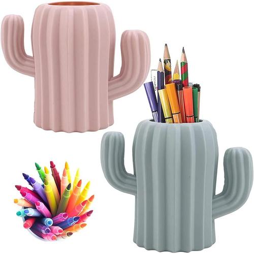 2 Pièces Porte Stylo De Bureau, Porte Pot Organisateur, Pot A Pinceau De Maquillage, Créatif Drôle Forme De Cactus Pot À Crayons Pour Bureau, Fournitures De Bureau, Coiffeuse (Rose, Vert)