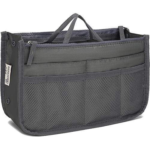 Organisateur de Sacs à Main, Femmes Sac de Rangement Intérieur Bag avec 13 Poches Grand Extensible Bourse avec Fermeture Eclair et Poignée pour Documents Téléphone Cosmétiques et Clés,Gris