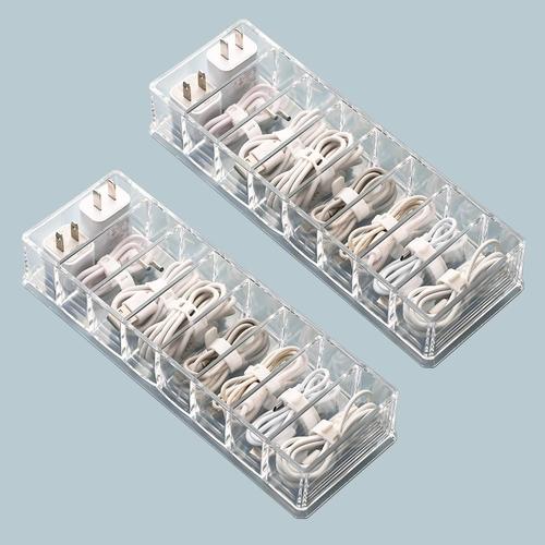 Boîte de rangement pour câbles avec 10 attaches de câble Boîte de rangement avec 8 compartiments Boîte de rangement pour comptoir En plastique transparent (Basic S-2 packs)