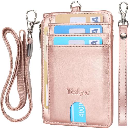 Porte Carte Bancaire, Portefeuille en Cuir PU, Porte Carte de Crédit avec Cordon et Bracelet, Protection RFID, Poche Zippée, 6 Emplacements pour Cartes, Or Rose