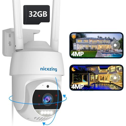 4MP QHD Camera Surveillance WiFi Exterieure avec Gratuit Carte 32G, 360° Suivi Automatique IP Camera, Vision Nocturne Couleur 30m, Détection Humaine, Enregistrée 24/7, IP67, Compatible Alexa