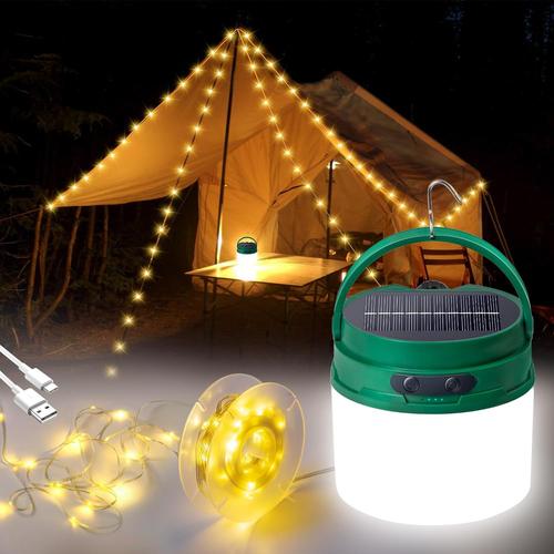 Guirlande Solaire Exterieur 12m + Lumières Camping Led Etanche Portable Con 3 Niveaux D'éclairage Sos Mode, Guirlande Lumineuse Solaire 8 Mode Pour Camping, Terrasse, Jardin, Fête, Mariage