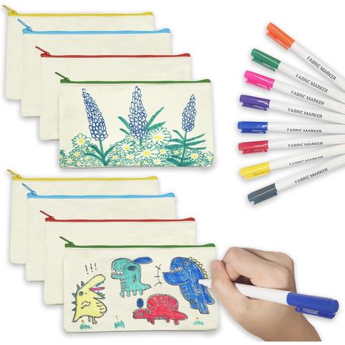 , 8 Pochette Tissu Zippée Et 8 Marqueur Textile, Trousse À Crayons Vierge Set De Dessin, Idéal Pour Cadeau Anniversaire Enfants Invites, Cadeau Invité Mariage Et Prix De Lot Kermesse