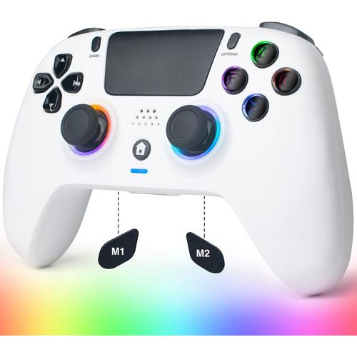 Manette Sans Fil Compatible Avec Ps4/Pro/Slim/Windows Pc, Bluetooth Gamepad Avec Lumières Rgb, Hall Trigger, Double Vibration, Capteur 6 Axes, Prise Casque, Boutons Programmables, Blanc