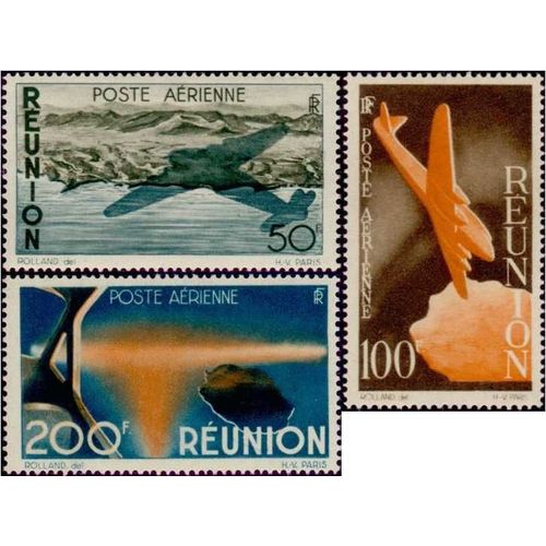 La Réunion, Département Français 1947, Belle Série Poste Aérienne Yvert 42, 43, 44, Avion Au Dessus De L'ile, Neufs*
