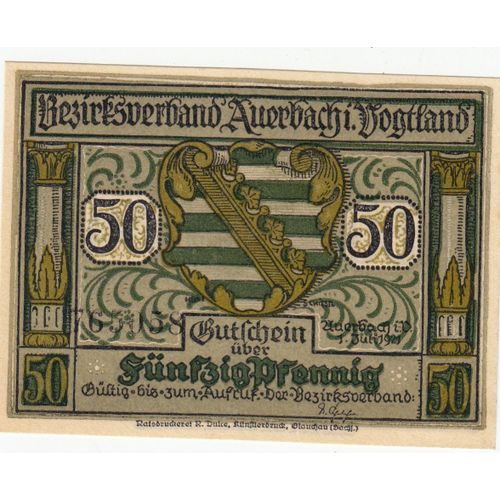Billet Allemand - 50 Pfennig Auerbach 1 Juli 1921