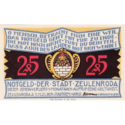 Billet Allemand - 25 Pfennig Zeulenroda 1921