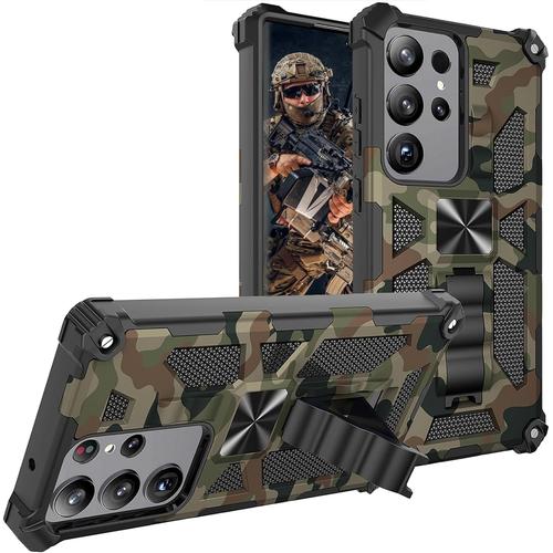 Coque Antichoc Renforcée Pour Samsung Galaxy S24 Ultra Avec Béquille Et Design Camouflage Militaire - Yh Army Green