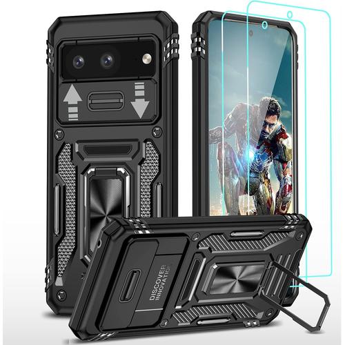 Coque De Protection Coulissante Avec Film Anti-Explosion Pour Google Pixel 7a, Qualité Militaire, Couleur Noir