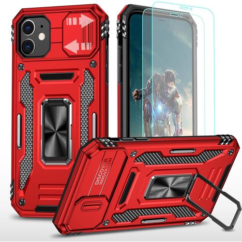 Coque Iphone 11 Rouge Avec 2 Écrans Pet, Protection Caméra & Support Rotatif 360° Pour 6.1 Pouces