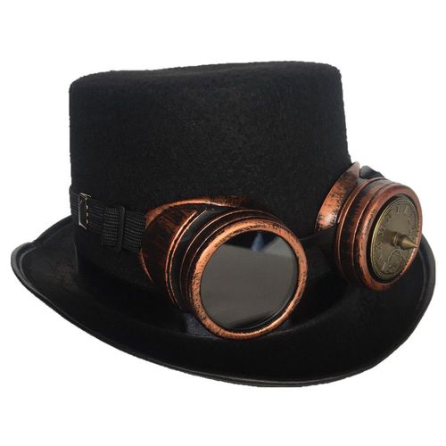 Expédié De Paris - Chapeau Haut Forme + Lunettes Cuivré Goggles Rétro Mixte Moyen Age Steampunk Bronze Noir Clous Punk Rock Gothique Viking Horloge Engrenage Taille M
