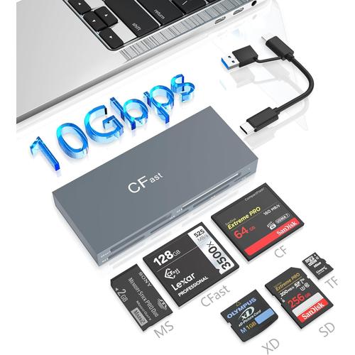 Lecteur de cartes CFast 2.0 10 Gbit/s Lecteur de Carte CFast 6 en 1, USB 3.2 10 GB/s CFast 2.0 pour Carte mémoire CFast/SD/TF/MS/XD/CF, Lecteur CFast USB C+USB A Sony Memory Stick Pro Duo Adaptateur
