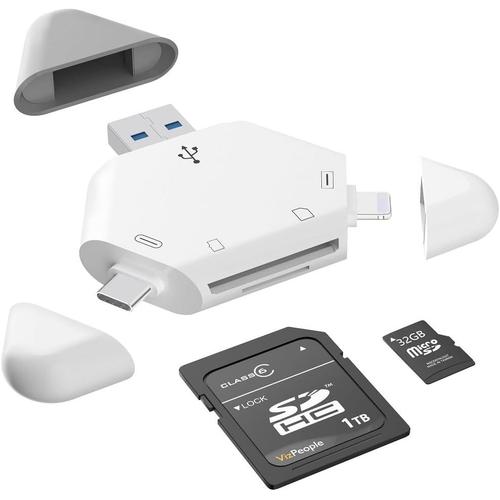 Blanc - USB/TypeC/Lightning Lecteur de Carte SD, Lecteur de Carte mémoire 3 en 1 pour iPhone/iPad, appareils USB C et USB A, Adaptateur de Carte caméra Trail Camera Viewer Compatible avec Windows, Mac