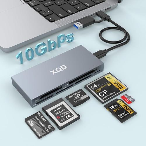 Gris Lecteur de Cartes XQD 6 en 1, Lecteur Multi XQD 10Gbps pour Sony G/M Series, Lexar 2933x/1400x USB Mark XQD Card/CF/XD/MS/TF/SD Reader USB C USB 3.0 Memory Card Reader for Windows/Mac