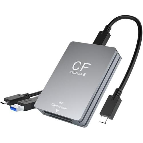 gris argenté Lecteur de Carte SD CFexpress Type B 2 en 1 Lecteur CFexpress USB 3.2 10 Gbit/S Double Emplacement avec Cable USB C vers USB C/A pour Reflex