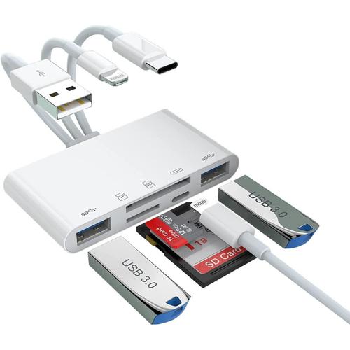 Lecteur de carte mémoire 5 en 1 pour iPhone, adaptateur USB OTG et lecteur de carte SD/TF pour iPhone/iPad/PC/Android/appareil photo/appareils USB C et A, prend en charge SD/Micro SD/SDHC/SDXC/MMC