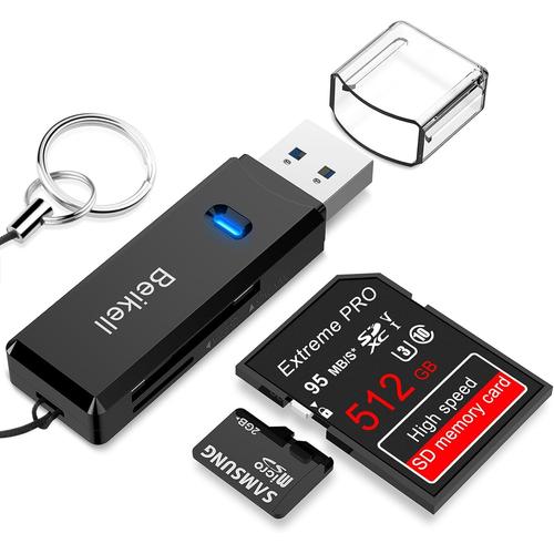 Noir Lecteur de Carte USB 3.0, Lecteur de Carte Mémoire SD/Micro SD Haute Vitesse Card Reader MMC Memory Stick SDXC SDHC MSXC pour PC Windows et Mac OS - avec Porte-clés -Noir