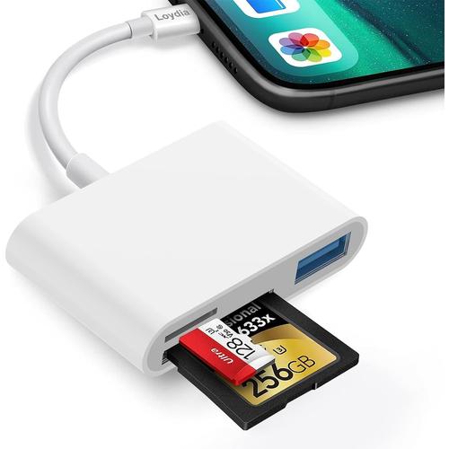 3 in 1 Lecteur de carte SD pour iPhone, iPad, lecteur de carte mémoire 3 en 1 avec port USB 3.0, visionneuse de carte d'appareil photo avec emplacements pour cartes SD et TF, prend en charge SD/Micro