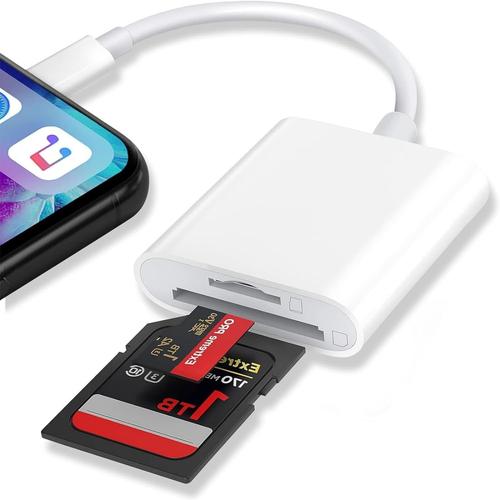 Lecteur de carte SD pour iPhone/iPad, lecteur 2 en 1 Lightning SD et micro SD appareil photo reflex avec deux emplacements pour cartes SD, adaptateur de carte mémoire pour photographie, plug-in et