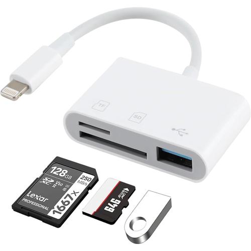 Lecteur Carte SD pour i-Phone, Connecteur Lightning vers Lecteur de Carte SD/TF/USB, Adaptateur de Carte SD 3 en 1 Mémoire Externes pour i-Pad, Apple, pour Cartes TF, Disque USB