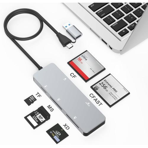 Lecteur de Carte CFast,USB 3.0 USB C CFast 2.0,Adaptateur de Carte mémoire CFast Haute Vitesse en Aluminium 5 Gbit/s CFast/CF/SD/TF/XD pour SanDisk,Lexar,Carte Sony, Lecture simultanée de 5 Cartes